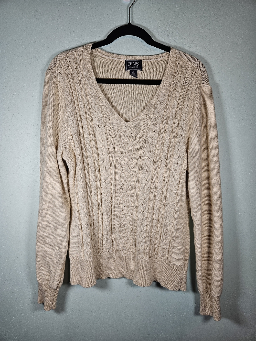 Chaps Cable Knit V-Neck Sweater in Beige